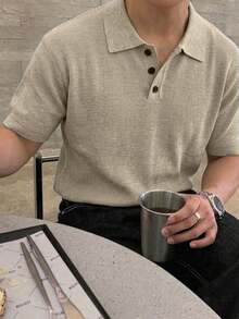 春夏歐美日韓休閒中性百搭純色極簡商務風男女款針織上衣短袖V領套頭毛衣返校季 - 駝色 - 查看 4
