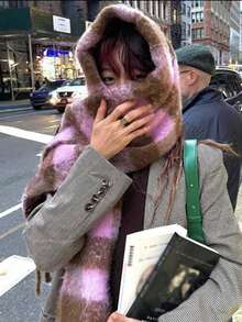 1件女款格紋仿羊絨保暖圍巾，冬季優雅柔軟保暖流蘇圍巾，波希米亞風彩色格紋披肩，大尺寸保暖舒適流蘇披肩，適合秋冬戶外穿著、海灘、度假使用 - 彩色 - 查看 5