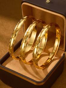 1/3/6pcs Sand Gold Exquisite Handmade Carved Wings & Stars 24K Gold Plated 8mm Wide Women's Bracelet, No Gift Box - Gold - View 8