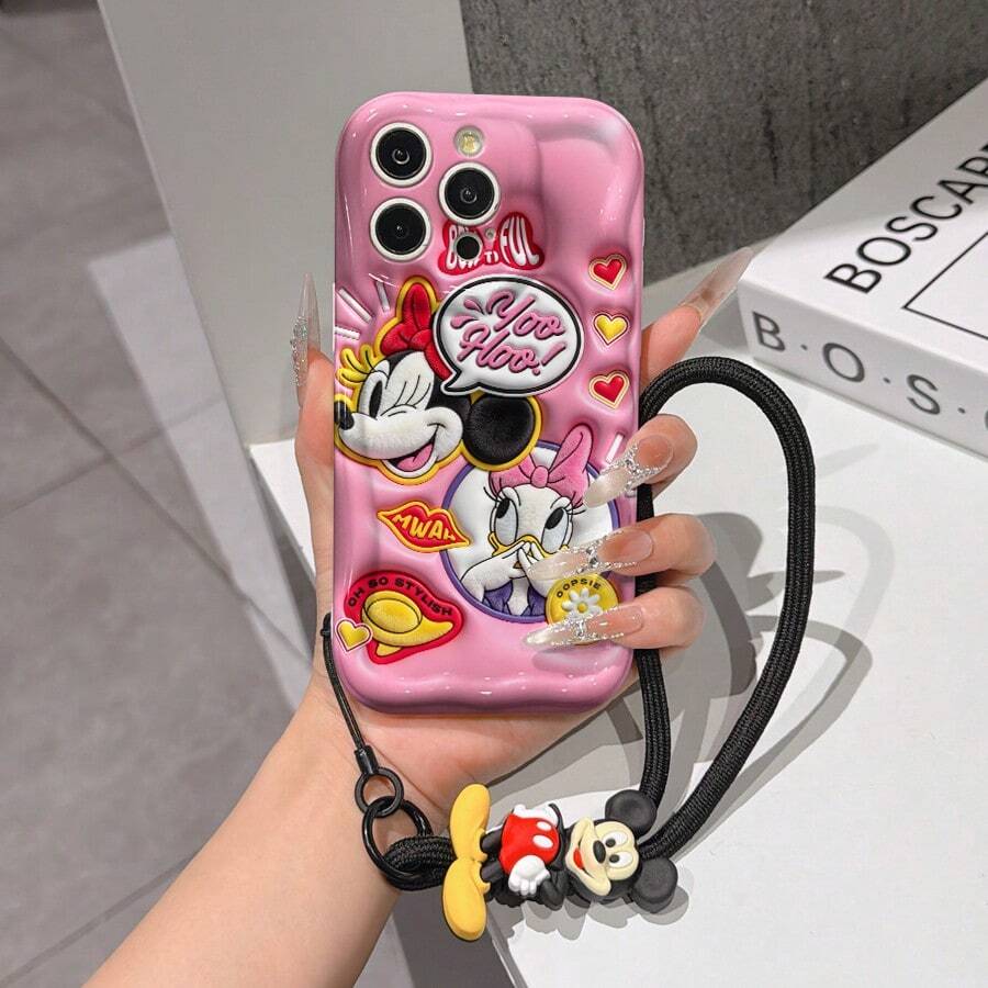 Disney Mickey Mouse Clubhouse Phone Case : 3D Fluffy Pattern Border Protector Phone Soft Phone Case With A Free Cute Mickey Mouse Bracelet Chain Lanyard, Mickey Mouse, Minnie Mouse, Donald Duck, Daisy Duck, Goofy, Pluto, For Apple 17 Promax 17 Pro 16 15 14 13 12 11 Pro Max XS Max X XR Soft Cover Summer Phone Case - 白色 - 查看 1