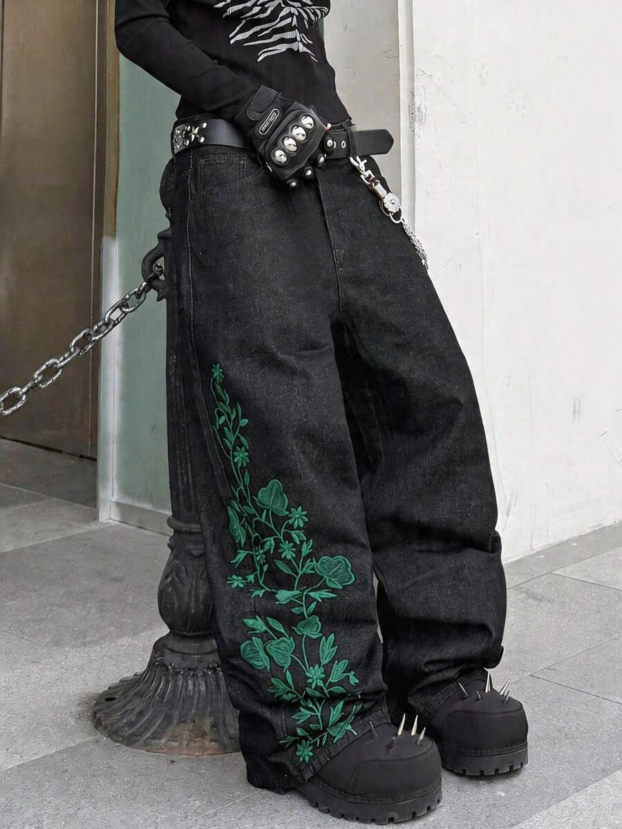Hearty Haven 1件裝 男士時尚街頭風刺繡寬腿鬆身長褲，舒適四季百搭牛仔褲，不含腰帶與配件