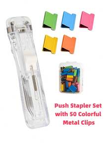 Push Stapler Set With 50 Colorful Metal Clips - Transparent, Removable Clip Pusher For Office And School Supplies - Portable, Easy-To-Use Binder Tool - Sets - View 2