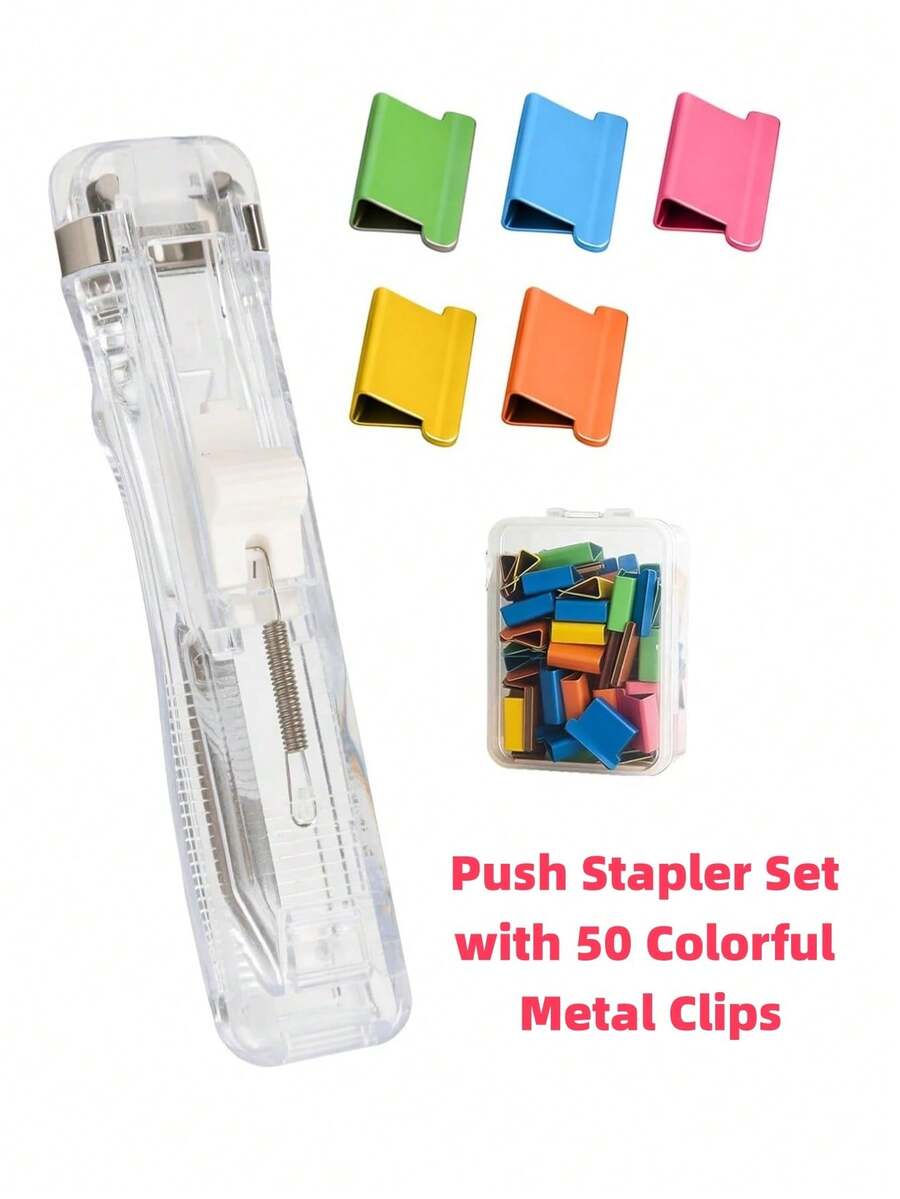 Push Stapler Set With 50 Colorful Metal Clips - Transparent, Removable Clip Pusher For Office And School Supplies - Portable, Easy-To-Use Binder Tool