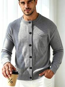 Men's Solid Color Knit Cardigan, Old Money Vintage Loose Fit, Versatile For Commute, Outdoor And Streetwear, Spring/Autumn - Grey - View 2