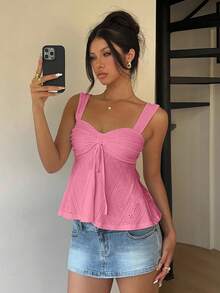 Top casual de tirantes para mujer con detalle de cordón y bordado calado, color rosa, para verano - Rosa Fucsia 2 - Ver 1