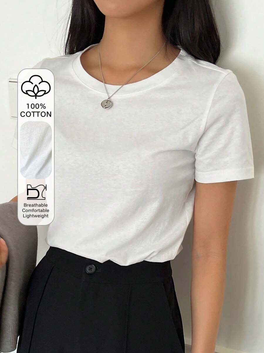 Camiseta De Manga Corta Con Cuello Redondo Y Color Sólido - Blanco 2 - Ver 1