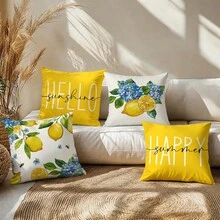 4件組檸檬與繡球花枕套，印有「HELLO Sunshine」與「HAPPY Summer」文字，鮮豔檸檬與繡球花印花，拉鍊封口設計，適用於沙發、椅子、床上用品、戶外庭院裝飾、海灘，可機洗夏季床上用品（雙面印花，不含枕芯） - 彩色 - 查看 10