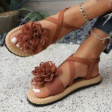 Elegantes sandalias planas florales para mujer, sandalias decoradas con grandes flores, zapatos planos casuales de punta abierta para todas las estaciones, sandalias ligeras y cómodas de est - Azul - Ver 10
