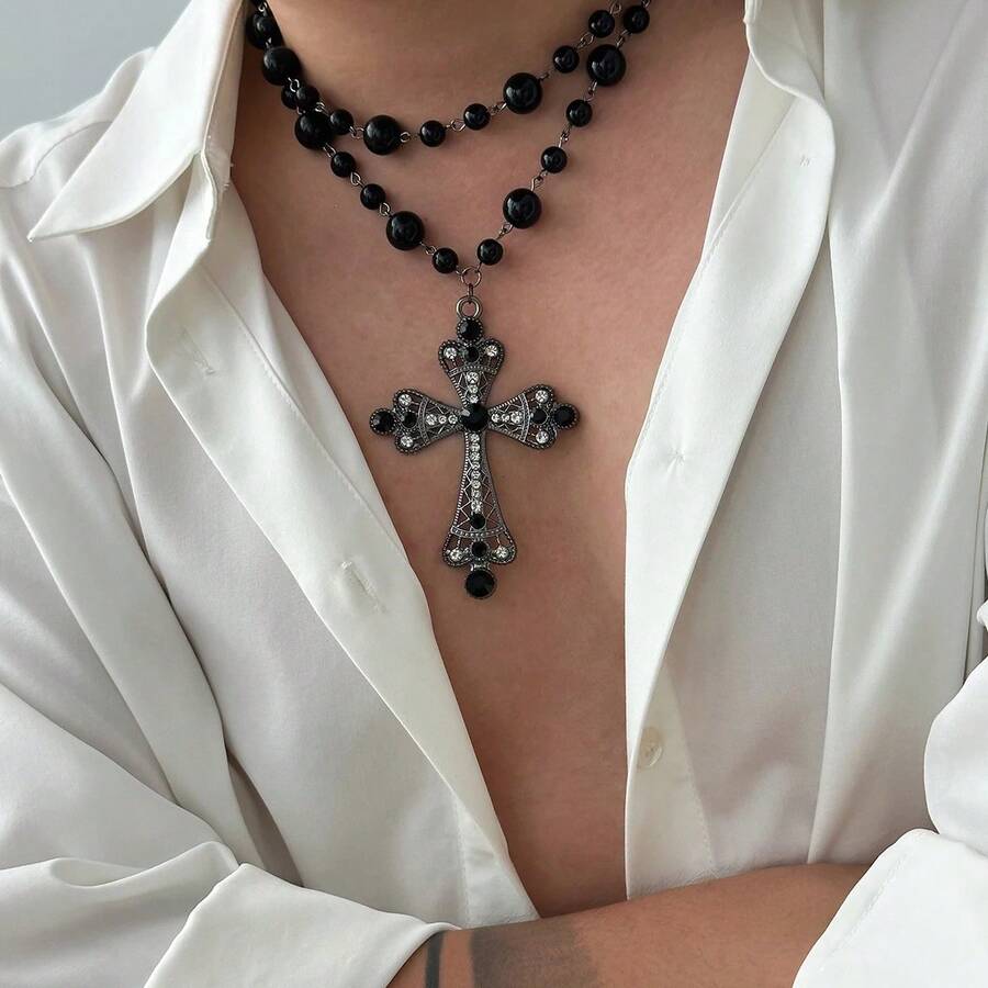 Colgante de cruz de lujo vintage europeo y americano, collar de perlas versátil unisex, conjunto de joyas de estilo gótico para fiestas. - Negro - Ver 1