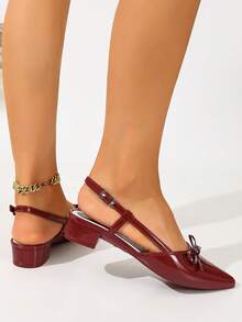 Sepatu Mule Wanita Warna Polos, Model Setengah Selip dengan Pita, Sepatu Komuter Modis - Burgundy - View 4