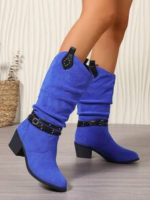 Blue Ruched Patchwork Strap Rivet Slip-On Knight Boots, Chunky Mid-Heel Round Toe Elegant Versatile Autumn/Winter New Fashion Women's Boots - Blue - View 1
