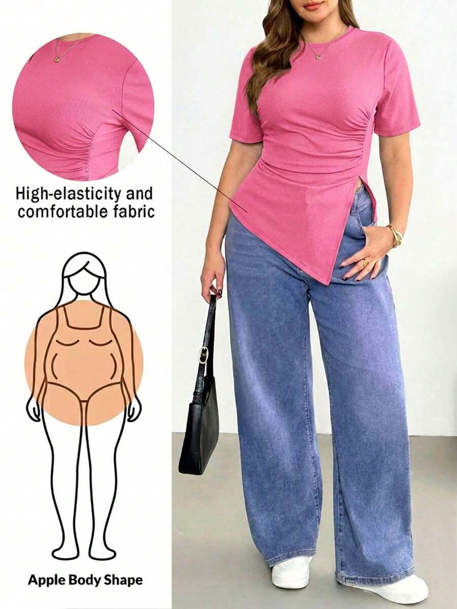 Shapeblank Camiseta negra básica de manga corta para mujer talla grande, con cintura fruncida, bajo irregular y versátil, cómoda y elástica, para uso diario, ideal para looks de verano y sal - Rosa Fucsia - Ver 1