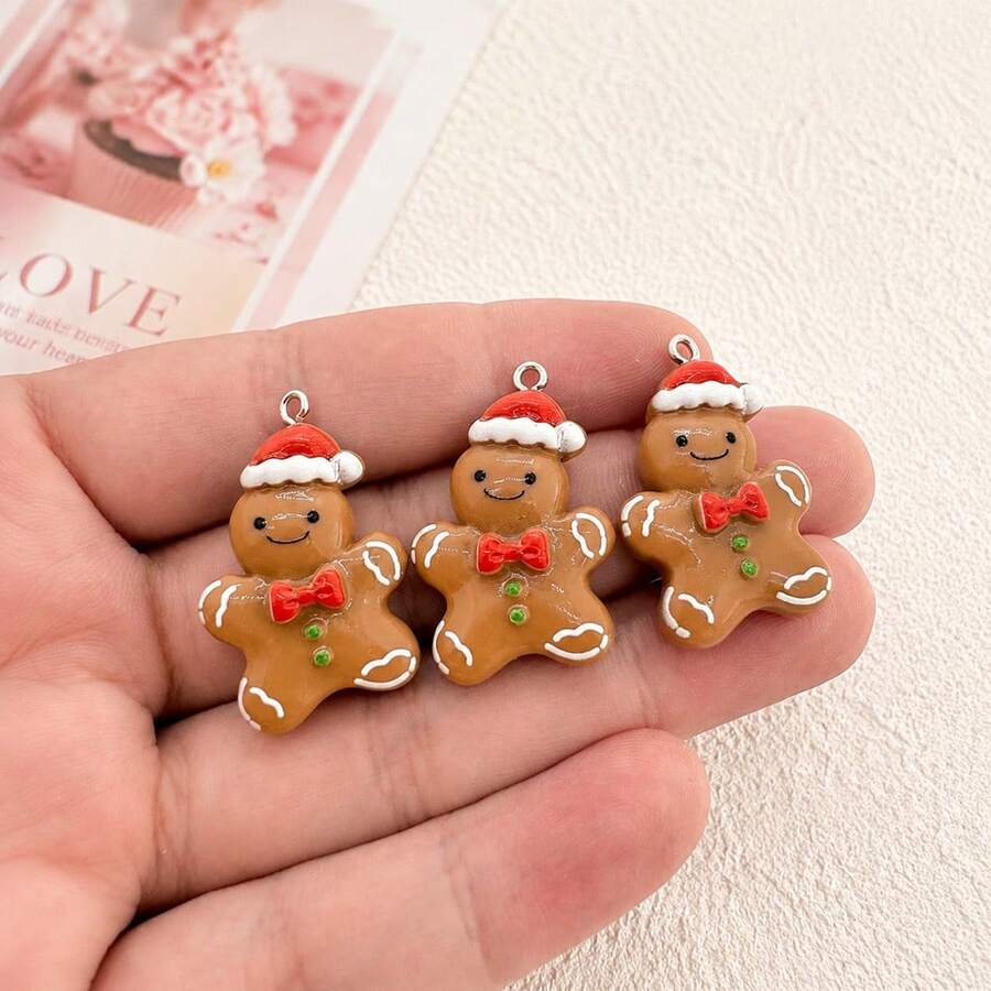 5/10pcs Christmas Hat Men's Gingerbread Man Charm Resin Pendant - Cartoon Christmas Decoration - Gingerbread Man Cookie Design, With Hanging Hole - Suitable For DIY Jewelry, Earrings, Necklaces, Keychains And Bag Charms, Holiday Decoration - Pendants - View 1