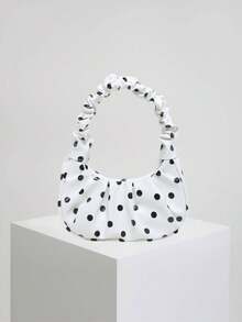 Sweet Pink Polka Dot Pleated Underarm Bag, Girly Niche Versatile Pleated Crescent Handbag For Commuting, Dating, Shopping - Multicolor - View 9