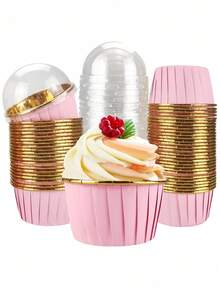 100/50/10 piezas Tazas de postre para pastel doradas con rosa, superficie lisa resistente al calor con diseño de borde enrollado, tazas para muffins/pasteles, adecuadas para bodas, graduaciones, fiestas de cumpleaños, herramientas de horneado/utensilios de cocina, moldes de papel rosa para pasteles - Rosa - Ver 1