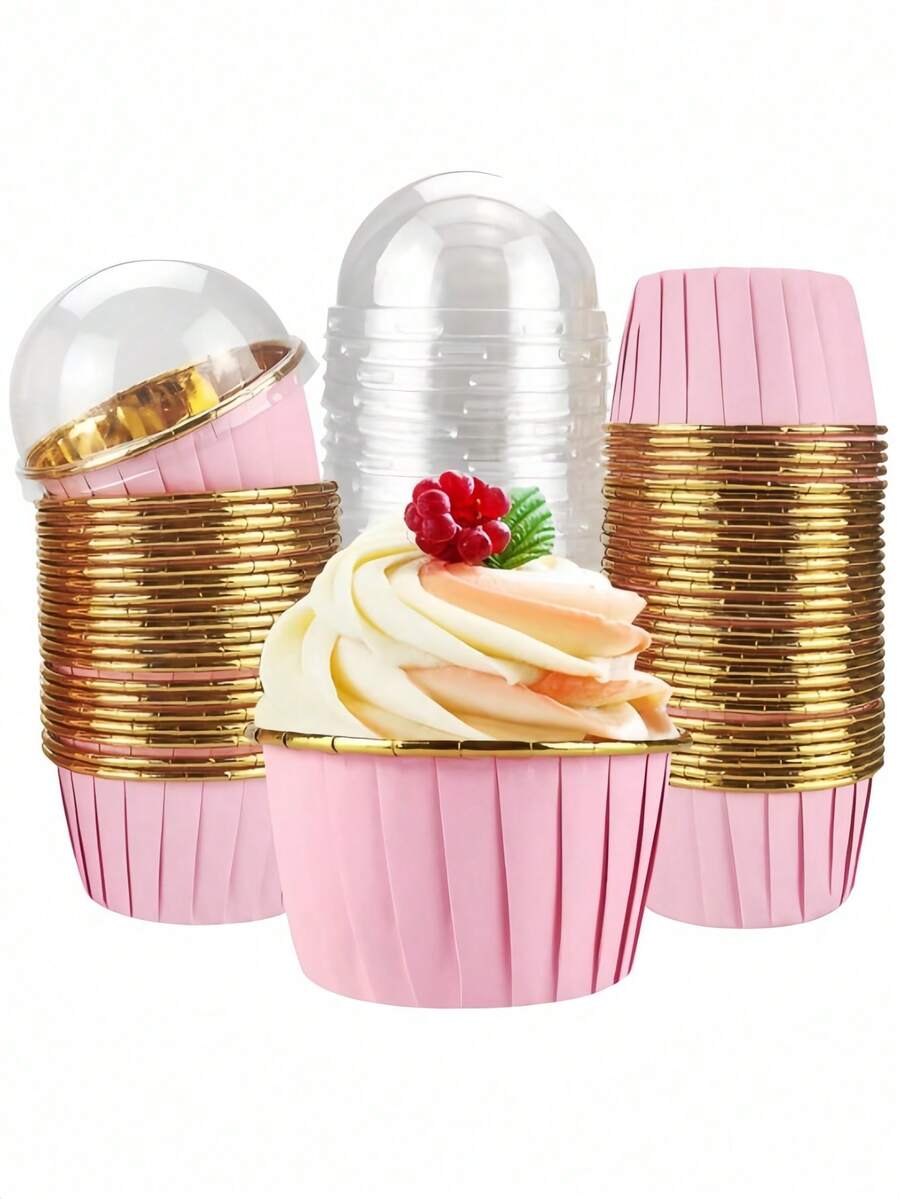 100/50/10 piezas Tazas de postre para pastel doradas con rosa, superficie lisa resistente al calor con diseño de borde enrollado, tazas para muffins/pasteles, adecuadas para bodas, graduaciones, fiestas de cumpleaños, herramientas de horneado/utensilios de cocina, moldes de papel rosa para pasteles - Rosa - Ver 1