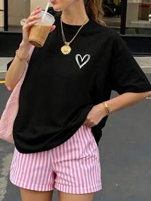 Valentine's Day T-Shirt, A Women's American Retro Style Short-Sleeved T-Shirt With A Loose Fit, Featuring Heart Prints, Heart Shapes And New York Lettering, M - 2 - 查看 1