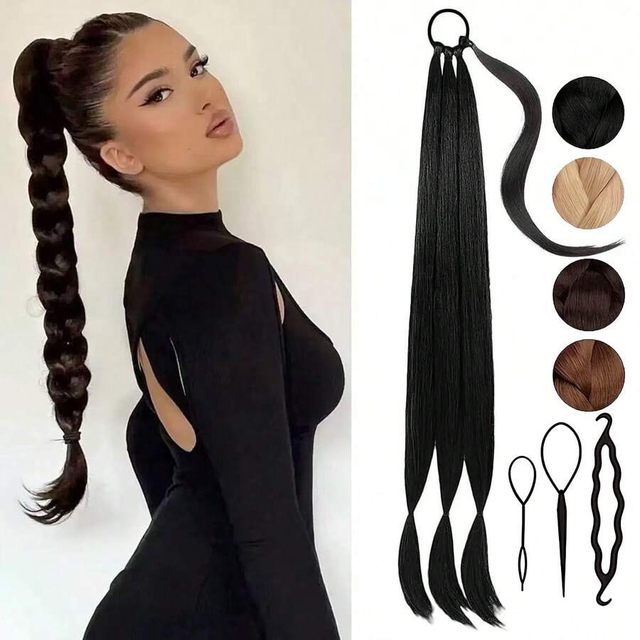 Extensión de Coleta Trenzada Larga Mejorada con Banda Elástica, Trenza Envolvente Recta y Suave, Extensiones de Cabello Sintético Natural Suave, Pieza de Cabello Negro Marrón de 30 Pulgadas, Halloween