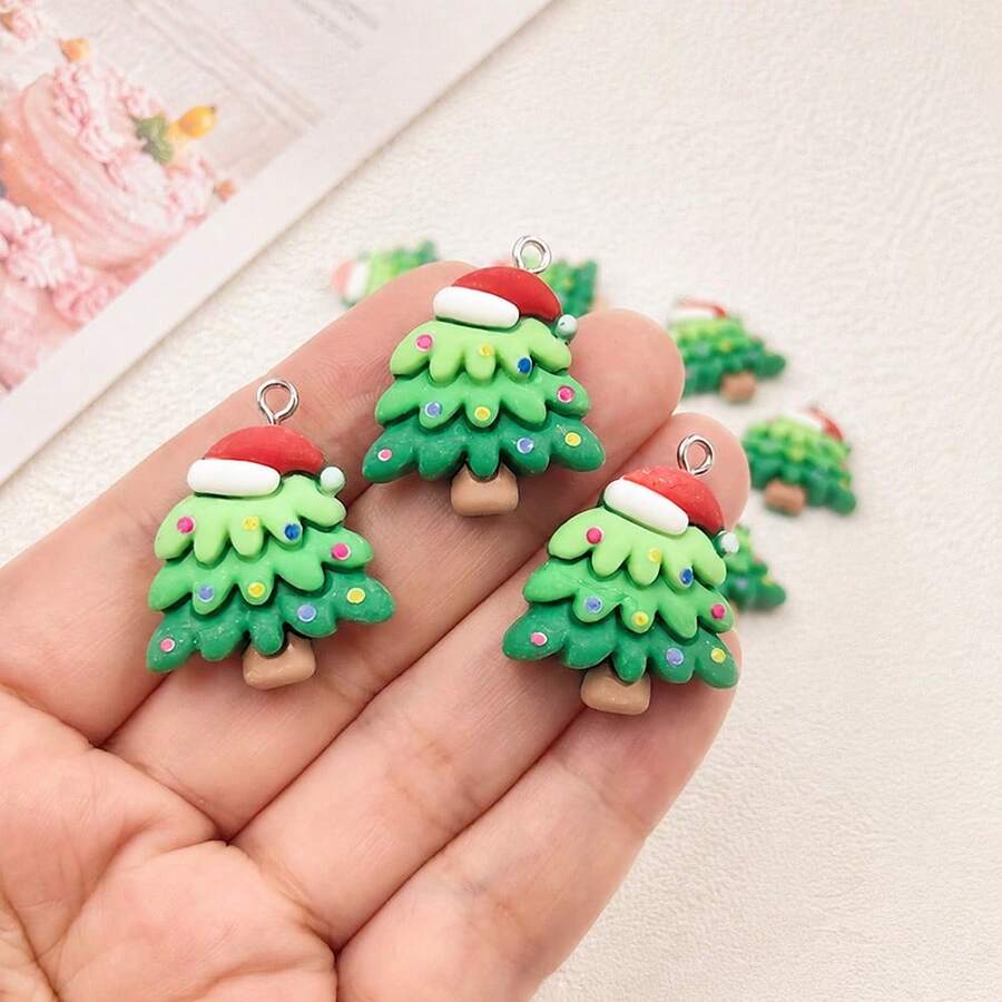 5/10 Peças Pingentes de Árvore de Natal de Resina Cartoon, Pingentes de Árvore de Natal Verde, Adequado para Fabricação de Joias DIY Feitas à Mão, Fabricação de Presentes, Pingentes de Brincos de Joias DIY, Pingentes de Colar, Pingentes de Pulseira, Decoração de Natal, Pingentes de Bolsa - enfeites de árvore de Natal - Visão 1