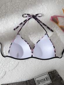 Top de biquíni para mulher com decote halter, estampado leopardo rosa e preto, com laço nas costas, sem mangas, moda de banho de verão - Rosa - Ver 2