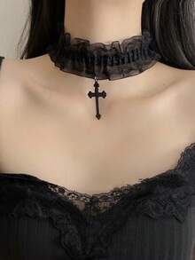 1pc Vintage Lace Cross Decor Choker Necklace Suitable For Women's Daily Wear - Cross - View 4