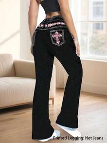 Plus Size Gothic Slim Fit Denim Effect Printed Long Pants, Pink Cross Embroidery Print, Medium Stretch Faux Pockets, Distressed Flare Leg - Multicolor - View 2