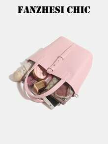 Fashion Solid Color Litchi Texture PU Mini Handbag, Dual Short Handles And Adjustable Detachable Crossbody Strap, Front Buckle Detail, Small Bucket Bag, Suitable For Young Girls And Sweet Style Lovers, Perfect For Coffee Dates, Weekend Shopping, City Walks And Daily Outings. - Pink - View 4