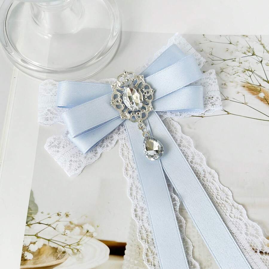Lolita風蝴蝶結蕾絲拼接亮面水鑽長緞帶胸針,女款蝴蝶結領結,百搭衣領、背包與服飾配件,派對穿搭胸針,日常襯衫與洋裝裝飾領結,通勤穿搭,宴會派對穿著,節日禮物 - 藍色 - 查看 1