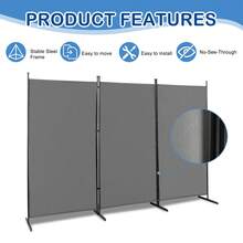 6FT Gray Trifold Foldable Partition Screen, 160g Polyester Cloth With Carbon Steel Frame & Plastic Feet, Privacy Divider For Bedroom Dorm Decor - 1 - View 5