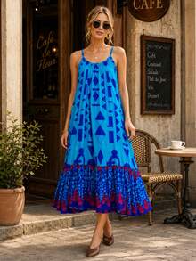 Stripe Oversized Midi Dress Casual Loose Fit Cotton Blend Summer Shirt Dress With Pockets - Blue - View 7