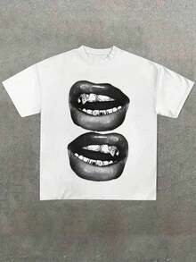Fun Graphic T-Shirt With Grill And Lips, Casual And Soft Style, 220gsm Polyester With Print, Summer 2025 Fashion, Loose And Cool Fit For Men And Women - 白色 - 查看 1