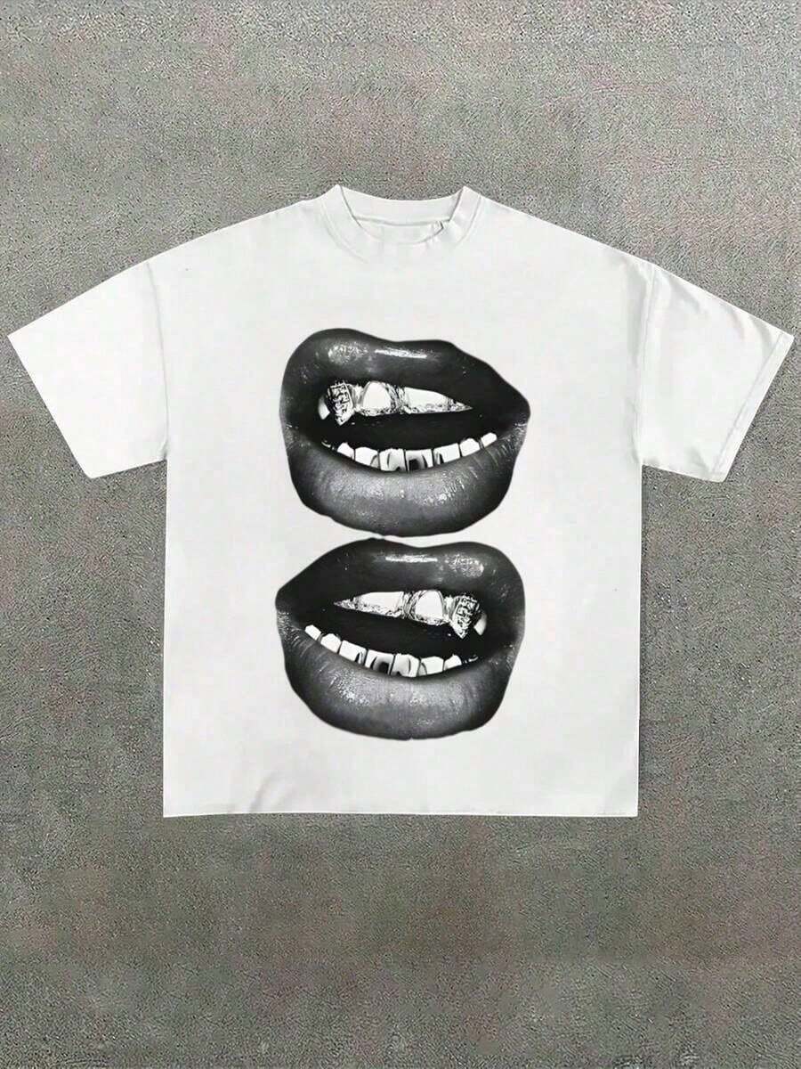Fun Graphic T-Shirt With Grill And Lips, Casual And Soft Style, 220gsm Polyester With Print, Summer 2025 Fashion, Loose And Cool Fit For Men And Women - 白色 - 查看 1
