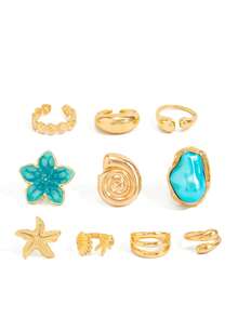 Set de 10 anillos con diseño de tema oceánico en tono dorado, diseñados para mujeres, con gruesas anillos de estrella de mar y conchas de color azul-verde, con estilo bohemio y de playa de moda - Dorado - Ver 6