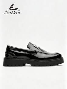 Salkin 極簡英風設計男士一腳蹬樂福鞋，復古皮革鞋，現代生活平價奢華，柔軟舒適圓頭正式正裝鞋，優雅紳士商務漆皮亮面黑色純色鞋面，防滑耐磨厚底增高鞋底，男士休閒日常鞋，情侶約會出遊百搭派對宴會婚禮新郎鞋，社交鞋，節日禮物，春夏秋 - 黑色 - 查看 4