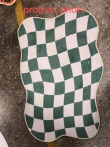 1pc Soft Green Checkerboard Asymmetrical Shaped Artistic Area Rug, Personalized Aesthetic Style Decor Mat, Ins Vibe Living Room Aesthetic Carpet, Modern Minimalist Soft Furnishing Accent, Asymmetrical Shaped Design, Small Rug, Doormat, Home Decor, Washable Carpet - Multicolor - View 8