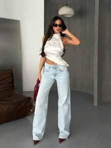 SQUALO Women's High Waisted Blue Jeans With Ripped Women Jeans - Aquarius Blue - View 1