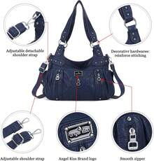 Angelkiss - Bolso de mano grande para mujer, de piel sintética lavada, bandolera, bandolera, bandolera - G-púrpura - Ver 12