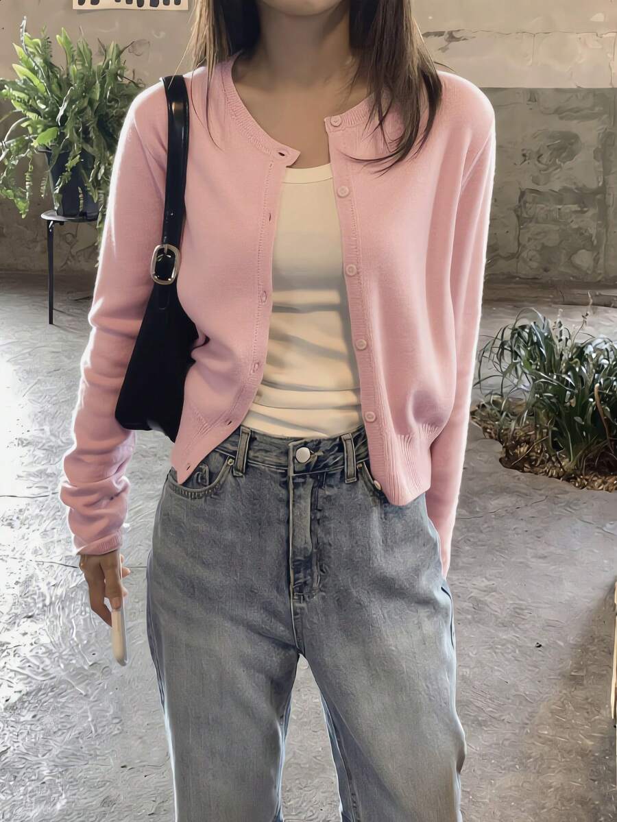 1pc Solid Color Knit Front Button Cardigan, Lightweight For Spring And Summer Daily Wear Pink - Pink - View 1