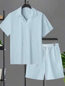 Ropa de hombre de talla grande de unicolor, conjunto de 2 piezas de polo de manga corta de verano para hombre de talla grande, conjunto de hombre de talla grande - Celeste - Ver 2