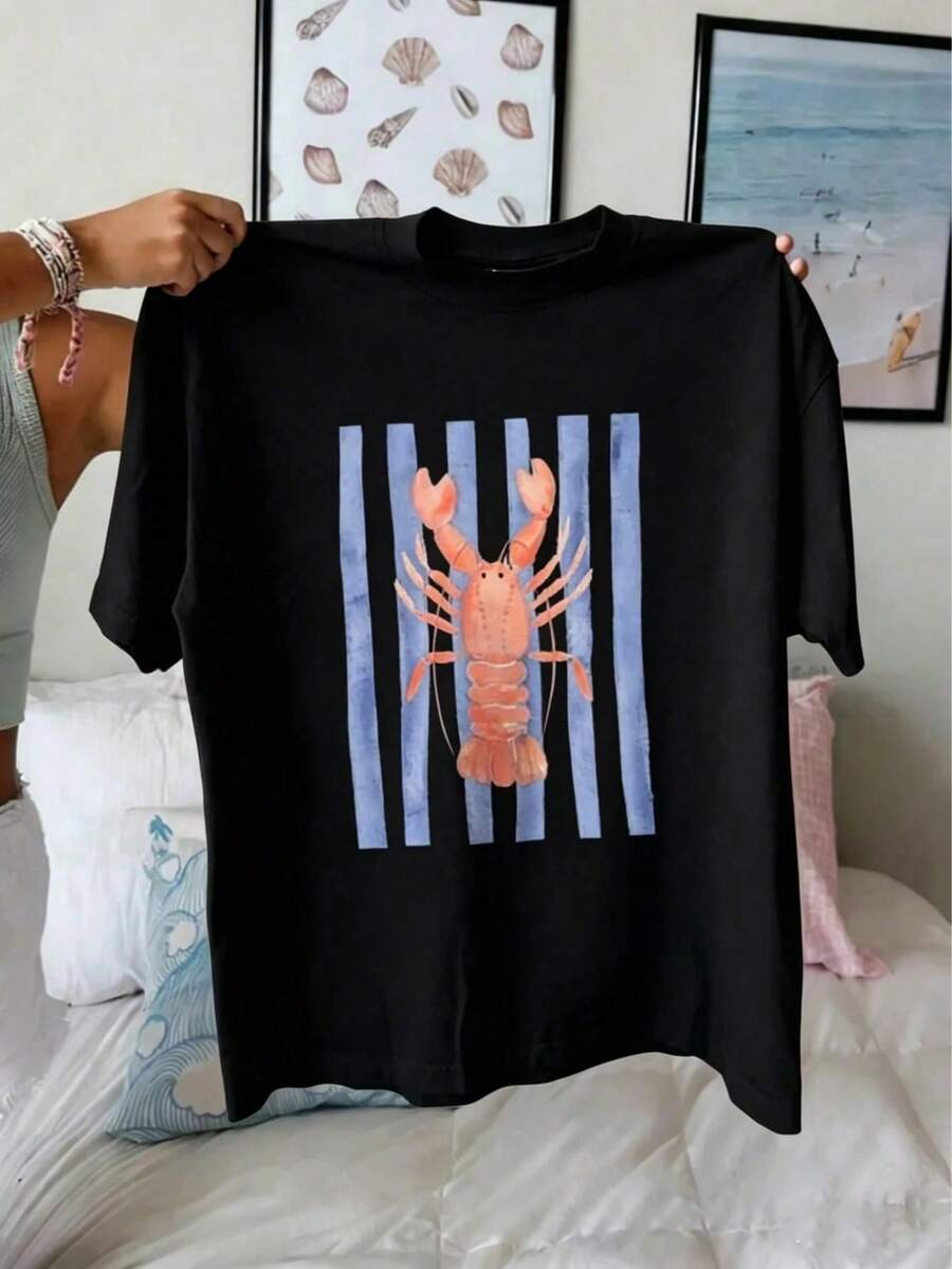 Camiseta para Niños Estampado Langosta Marina Manga Corta Cuello Redondo Ropa Infantil Estilo Aventura y Diversión Uso Diario Juego Escuela Juvenil - Negro - Ver 1