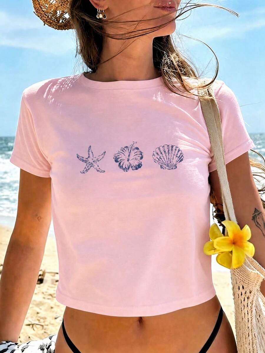Summer Mother's Day New Fashionable Versatile Casual Shell & Starfish Beach Print Round Neck Short Sleeve T-Shirt For Women Pink - Pink - View 1