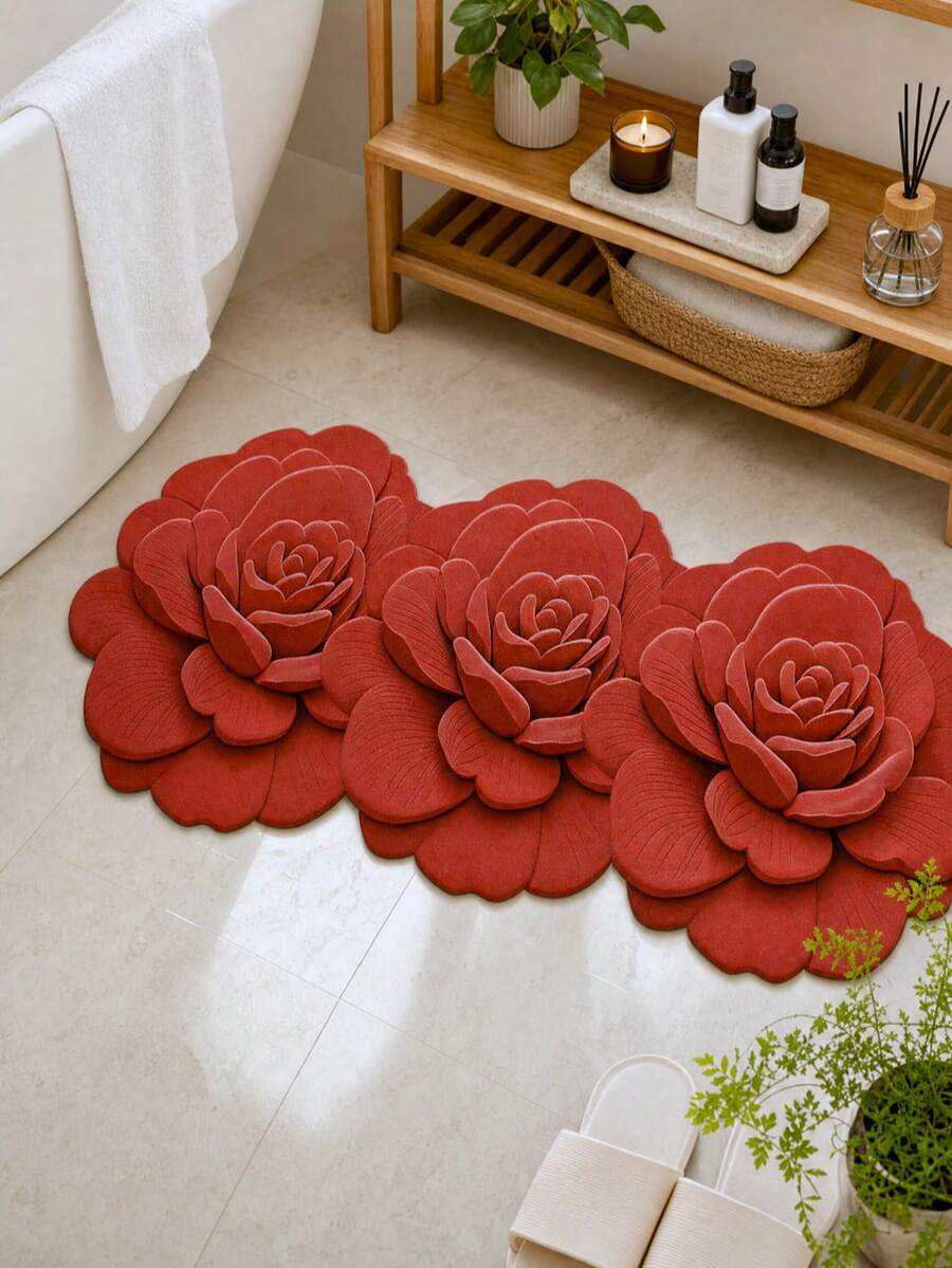 1pc Red Flower Shaped Bath Mat, Bathroom Rug, Door Mat, Small Rug, Carpet, Floor Mat, Home Decor, Area Rug, Outdoor Mat, Home Decor, Area Carpet, Bedroom Rug, Washable Carpet - Multicolor E - View 1