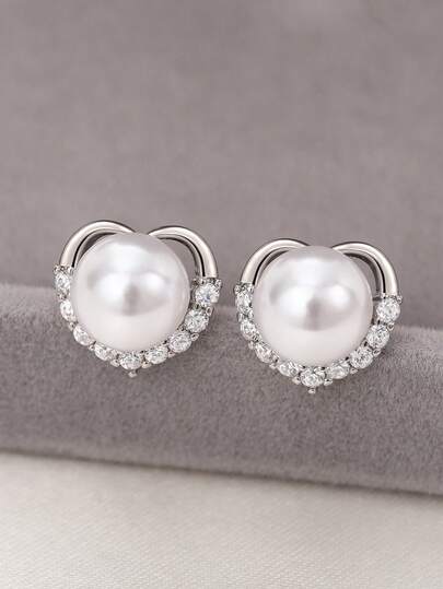 1 Pair Elegant Cubic Zirconia & Faux Pearl Stud Earrings, Designed For Women, Suitable For Wedding, Engagement, Anniversary Party Wear, Valentine's Day Gift