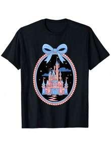 Infantil Playera con Estampado de Castillo De Cuento Manga Corta Cuello Redondo Ropa Estilo Dulce y Tierno Verano Juego Creativo Uso Diario - Negro - Ver 1