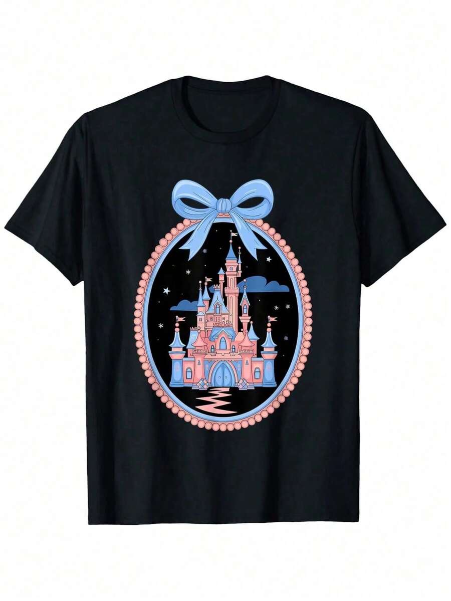 Infantil Playera con Estampado de Castillo De Cuento Manga Corta Cuello Redondo Ropa Estilo Dulce y Tierno Verano Juego Creativo Uso Diario - Negro - Ver 1