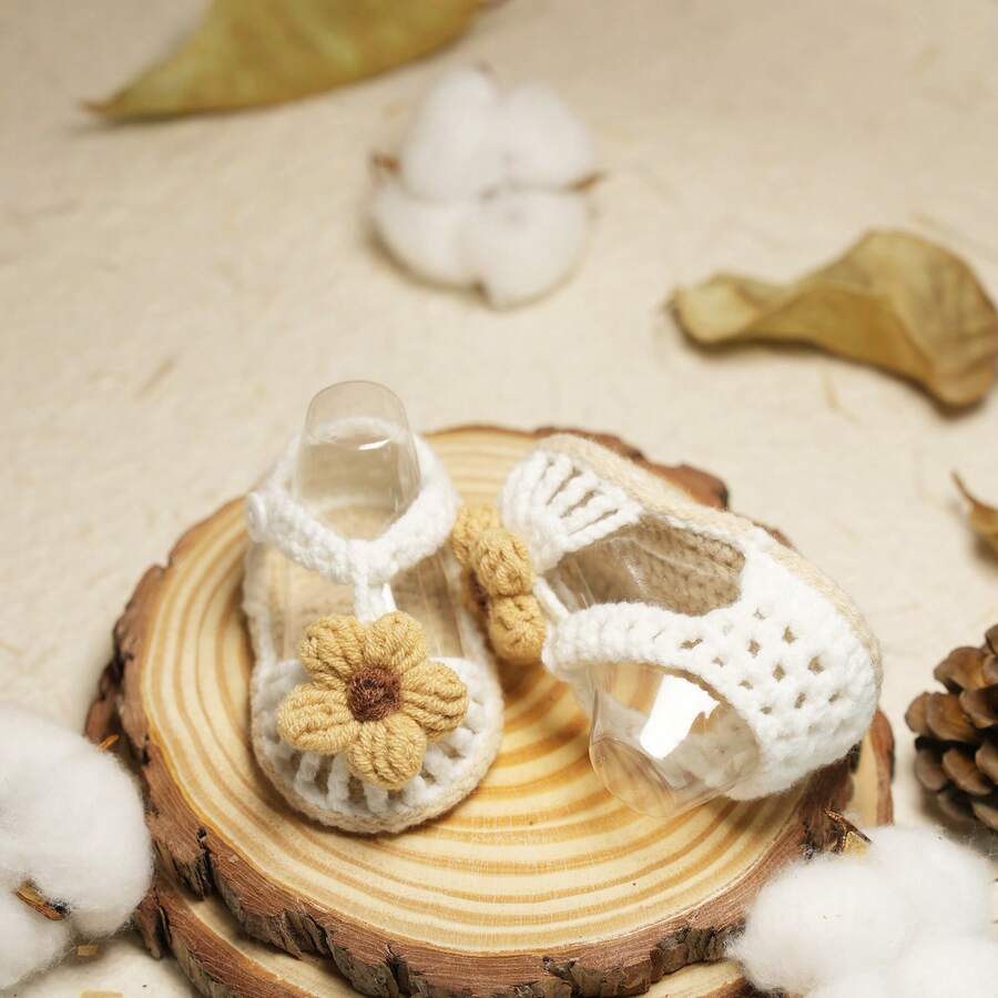 Handmade Woven Infant Shoes Soft Sole Sandals Gift Shoes Breathable Skin-Friendly Infant Shoes Floral Decorated Infant Sandals - White - View 1
