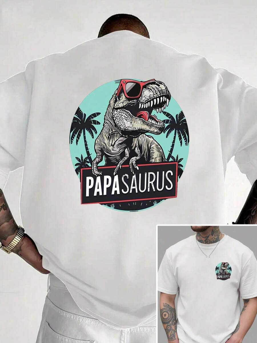 Camiseta PAPASAURUS de dinosaurio para papá para hombre - Estampado de doble cara, manga corta, cuello redondo, parte delantera y trasera, camisa casual de ajuste holgado adecuada para adole - Multicolor - Ver 1