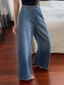 Jeans casuales de pierna recta con diseño de división de línea de cintura regular para mujer - Azul lavado medio - Ver 7