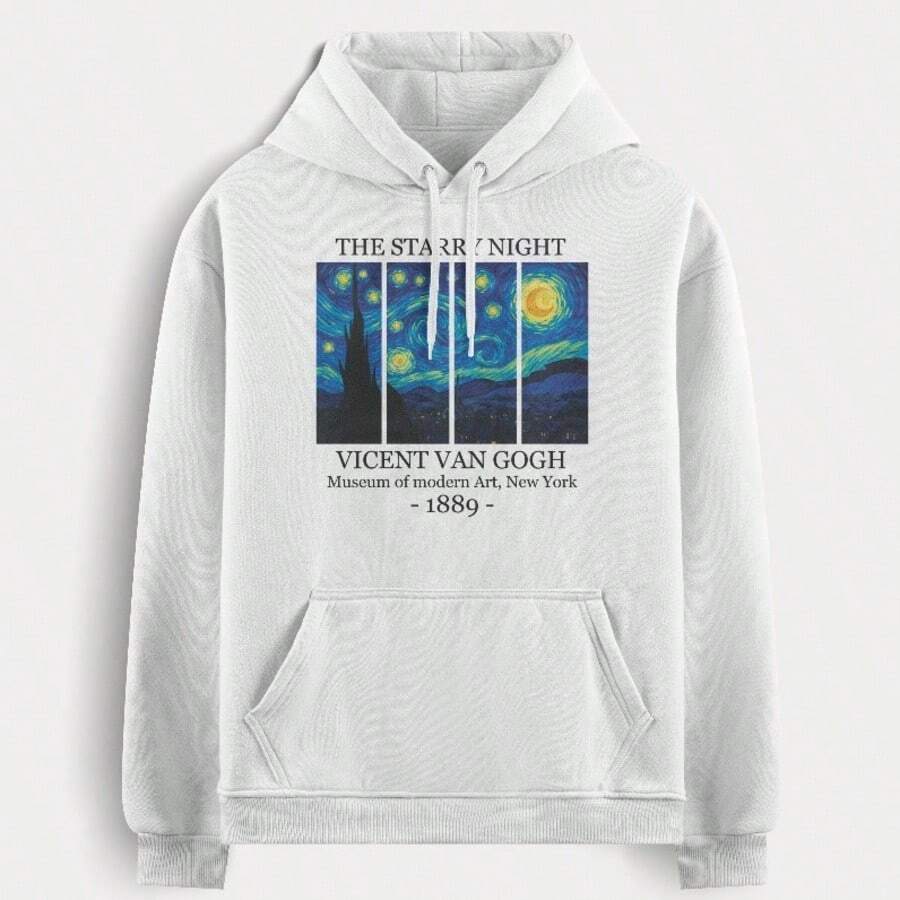 Casaco Moletom Noite Estrelada Van Gogh Tecido Flanelado - Branco - Visão 1