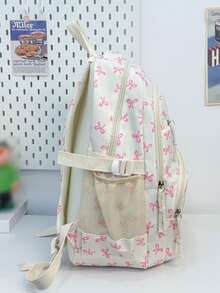 New Semester Student Backpack; Bow Print Backpack, Suitable For Elementary And Middle School Students - White - View 3